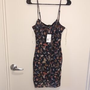Forever 21 Woodland Mushroom Butterfly Insect Floral Mesh Overlay Boho Dress NWT